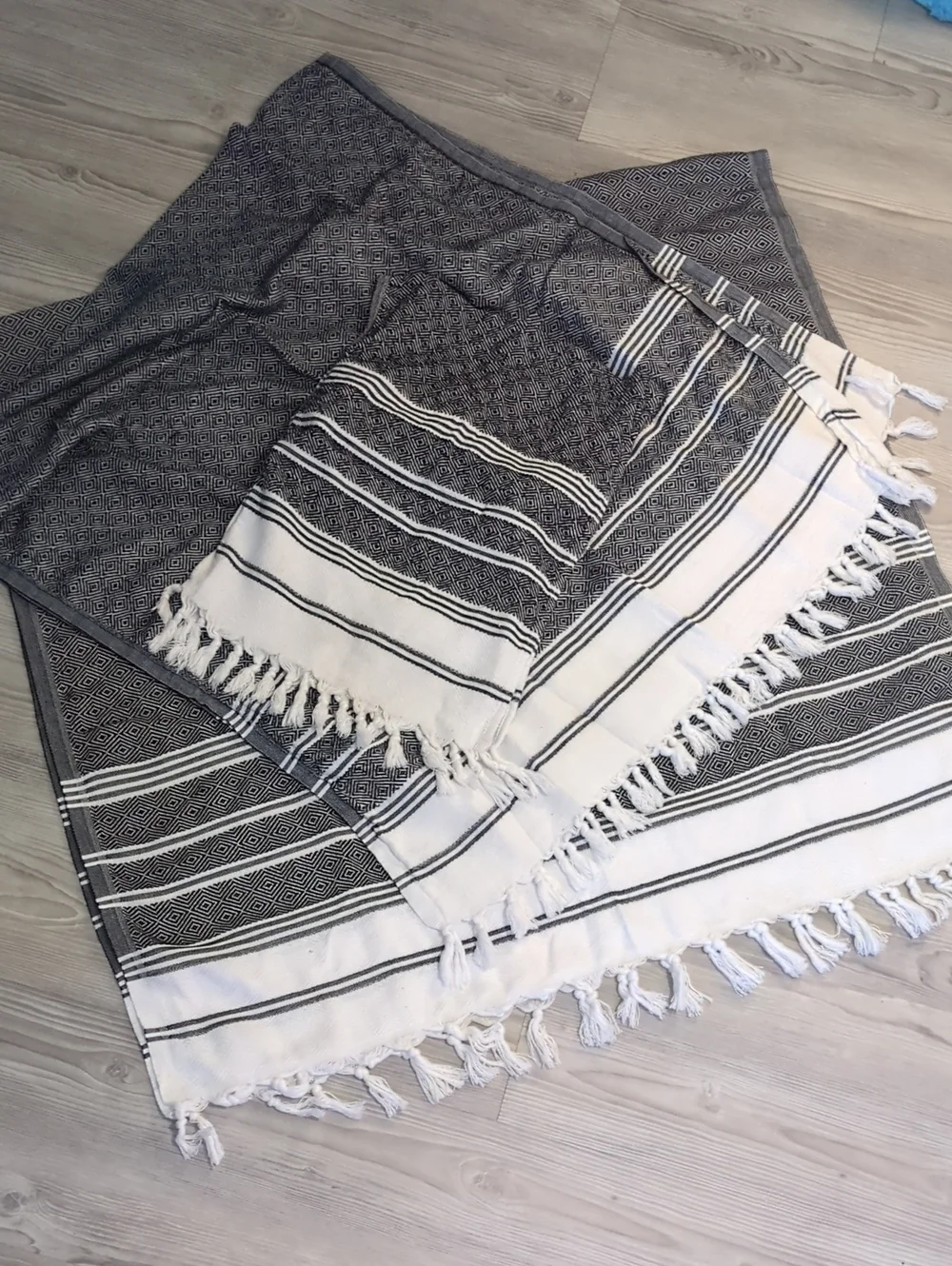 Turkish Peshtemal Style Towel Set 2 Bath Towels & Hand Towel Gray White Fringe B